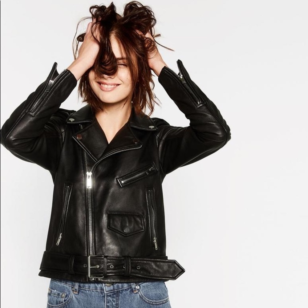 SOLD! NWT Zara Black Leather Zippered Moto Jacket - Picture 1 of 7